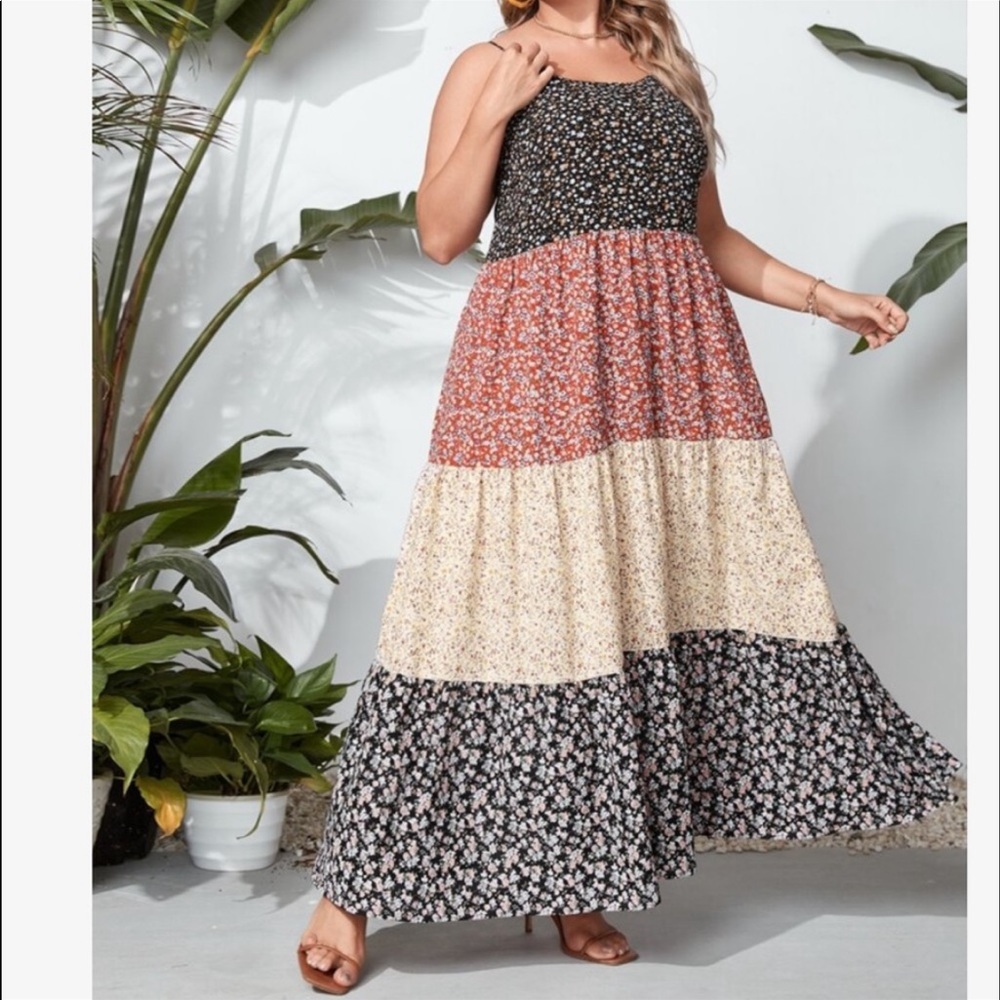 Boho Plus Size Floral Print Color Block Cami Maxi Dress